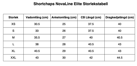 Shortchaps NovaLine Elite storlekstabell