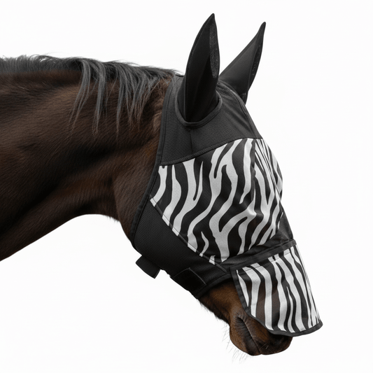 Flughuva zebra med avtagbar nosdel för häst ponny cob full